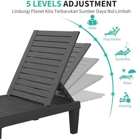 Outdoor Chaise Lounges, Patio Lounge Chair (Black Wood Grain, Set of 2)