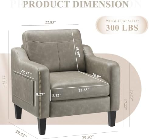 MALOL PU Leather Accent Chair, Mid-Century Modern Living Room Armchair Sofa w...