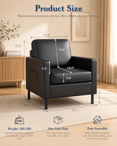 Mid Century Black Leather Mordern Accent Chairs Set of 2 for Living Room