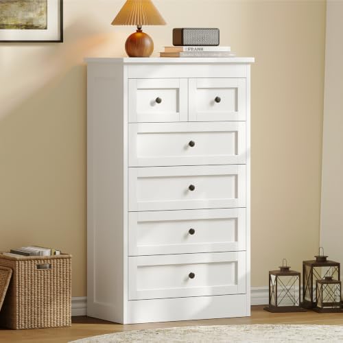 wanan Tall 6 Drawer Dresser for Bedroom, White Modern 43.3'' Tall Woo...