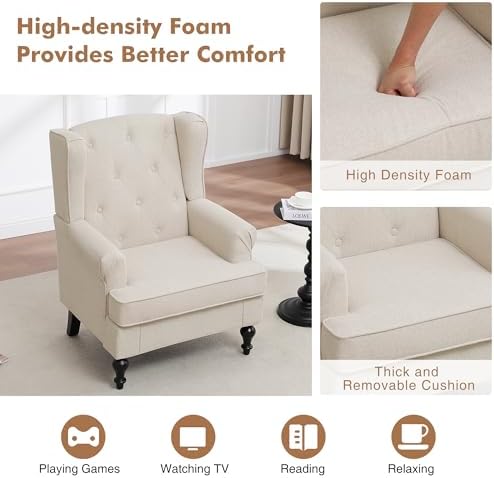 Accent Chair for Living Room, Mid Century Modern Upholstered Armchair, Wingba...