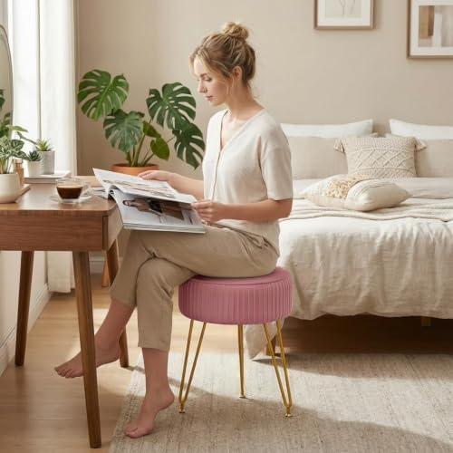 Velvet Vanity Stool, Modern Ottoman with Golden Legs, Pink