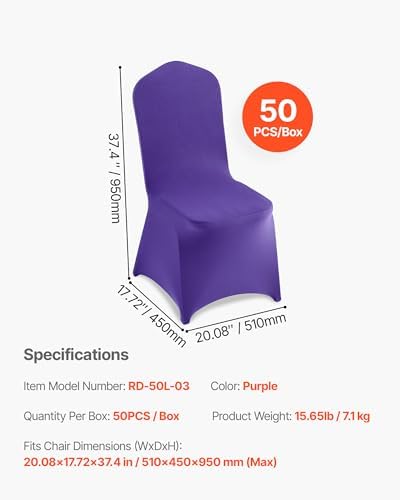 VEVOR Chair Covers, Polyester Spandex Chair Cover, Stretch Slipcovers for Wedding Party Dining Banquet Flat-Front Chair Covers (Purple-a, 50PCS)