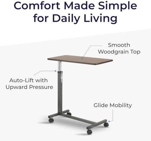 Drive Medical Overbed Table with Wheels, Woodgrain Top, Silver Vein