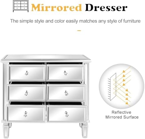 VINGLI Mirrored Dresser for Bedroom with 6 Storage Drawer Modern Chest of Dra...