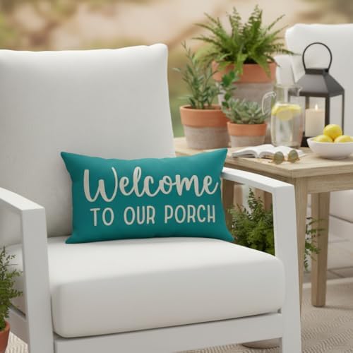 PANDICORN Farmhouse Throw Pillow Covers 12x20 Welcome to Our Porch, Teal | Outdoor Boho Decorations Lumbar Decorative Cushion Case for Home Sofa Couch Front Porch Patio Decor