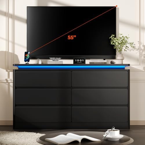 6 Drawer Dresser for Bedroom, 47.24" Black Chest of Drawers w/LED Lights