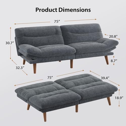 Amada 75 inch 3-in-1 Convertible Futon Sofa Bed, Gray