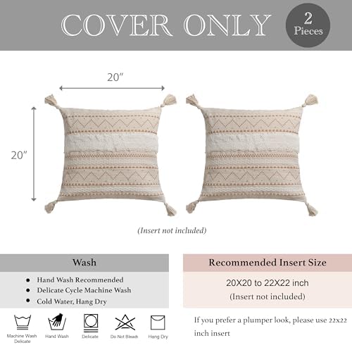 BlissBlush Decorative Throw Pillow Covers 20x20 Combo Set of 2 Square Cream N...