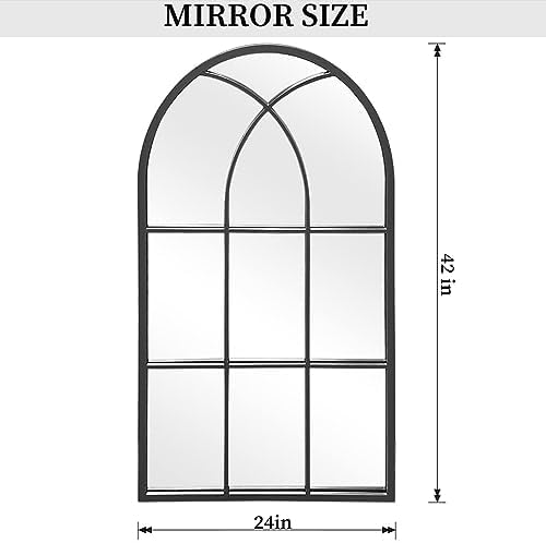 Dewfig Arched Window Wall Mirror, 42"x24" Windowpane Mirror, Black