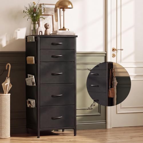 HCHQHS 5-Drawer Dresser for Bedroom, Nightstand, Black Fabric