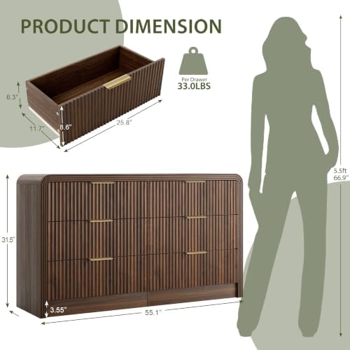 Decofy 55" W Fluted 6-Drawer Dresser for Bedroom, Walnut