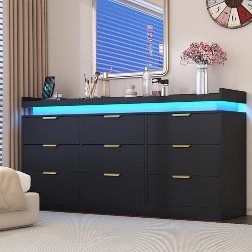 9 Drawer Dresser for Bedroom, Black Dresser with LED Lights and Power Outlet,...