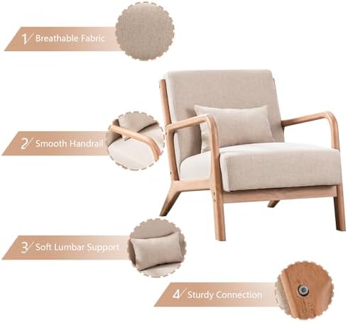INZOY Mid Century Modern Accent Chair with Wood Frame, Upholstered Living Roo...