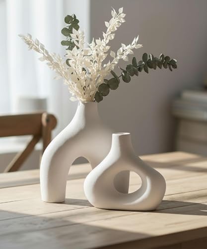 Carrot's Den Ceramic Modern Vase Set of 2, Donut Shelf Decor, Warm White