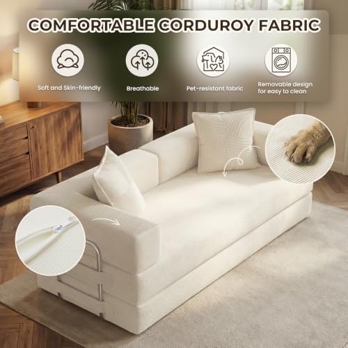 GRUSIGN 78" 5-in-1 Convertible Futon Sofa Bed, Boneless Corduroy, Beige