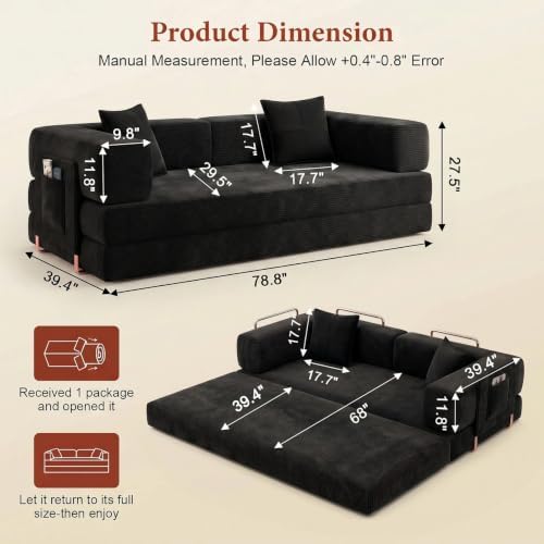 Convertible Futon Sofa Bed | 78.8” Corduroy Boneless Couch with Pull Out Sofa...