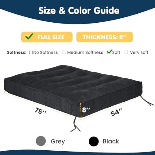 8 Inch Futon Mattress Full Size, Futon Floor Sofa Bed Foldable with Soft Cord...
