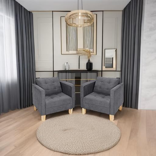 Fabric Accent Chairs Set 2 , Mid Century Armchair for Living Room, Grey