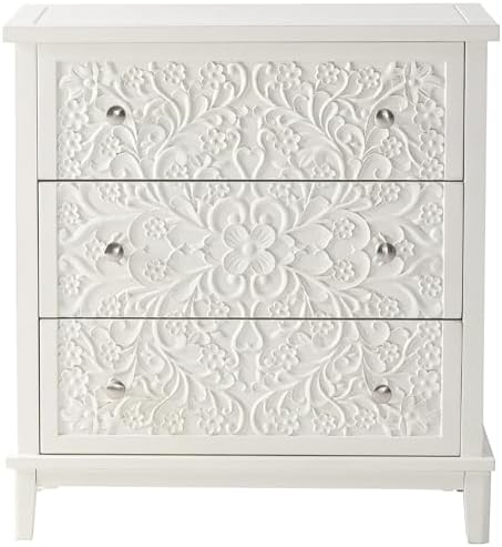 COZAYH Farmhouse 3-Drawer Dresser, Floral Carved, Distressed White-Washed