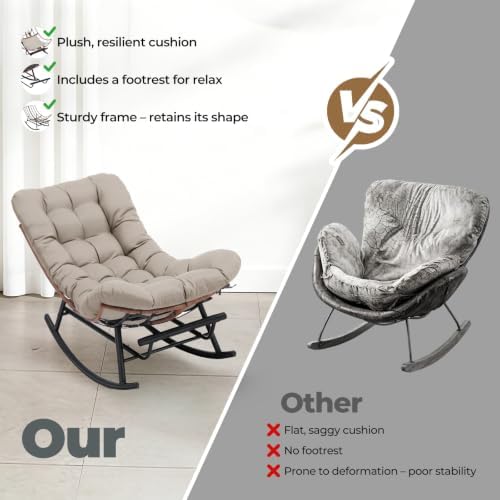 COMHOMA Outdoor Rocking Papasan Chair, Oversized Wicker Patio Rocker, Indoor ...
