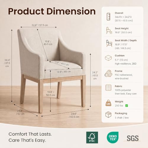 COLAMY Modern Upholstered Fabric Dining Armchair, Set of 1, Beige - Solid Rub...