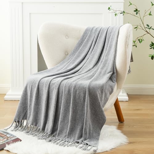 BATTILO HOME Light Gray Chenille Throw Blanket for Couch, Soft Cozy Textured ...