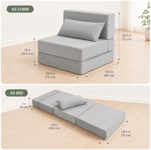 Folding Sofa Bed, Convertible Sleeper Chair, No Assembly (Gray)
