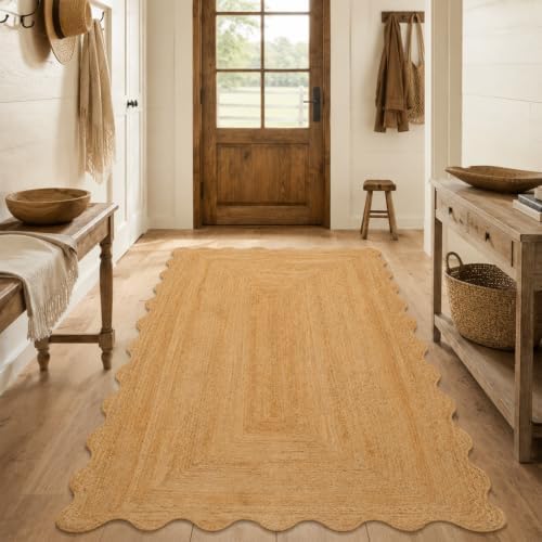 GRUHUM Jute Area Rug 2'x3' ft Wave Scalloped Natural Handwoven Boho R...
