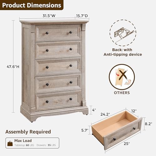 T4TREAM Farmhouse 5 Tall Drawers Dresser for Bedroom 47"H Chests of Drawers