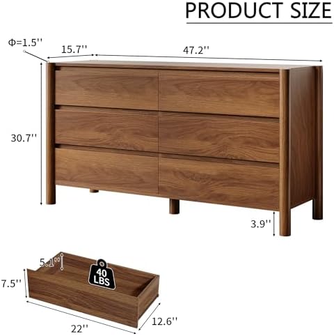 HOUROM Walnut Dresser for Bedroom,47"Wide 6 Drawer Mid Century Modern Chest