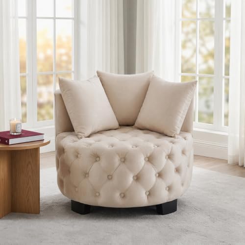 Upholstered Tufted Accent Barrel Chair with 3 Pillows, Contemporary Round Lou...