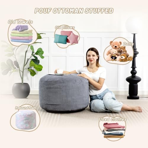 Round Stuffed Pouf Ottoman (Gray, 26" D x 26" W x 18" H)