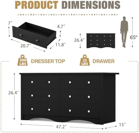 YESHOMY Black 6 Dresser for Bedroom