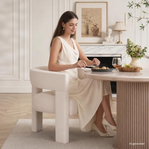 Beige Modern Accent Chair, Upholstered Barrel Armchair with Solid Wood Legs