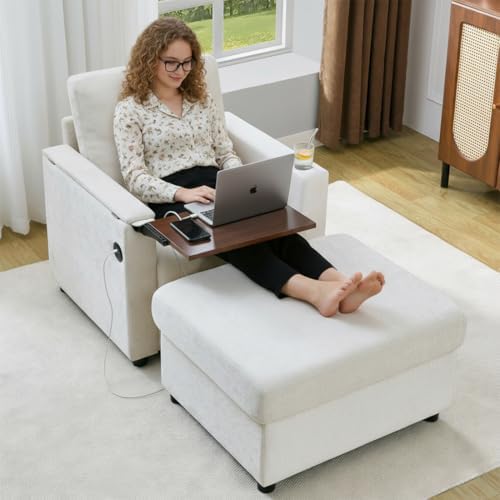Rading Chairs with Storage Ottoman and Folding Tray Table, Beige