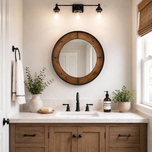 Rustic Round Wall Mirror 30 Inch, Natural Wood Frame with Black Metal Trim, I...