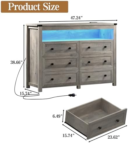 Wodeer Grey Dresser 6 Drawer Dressers for Bedroom with LED Lights, Charging S...