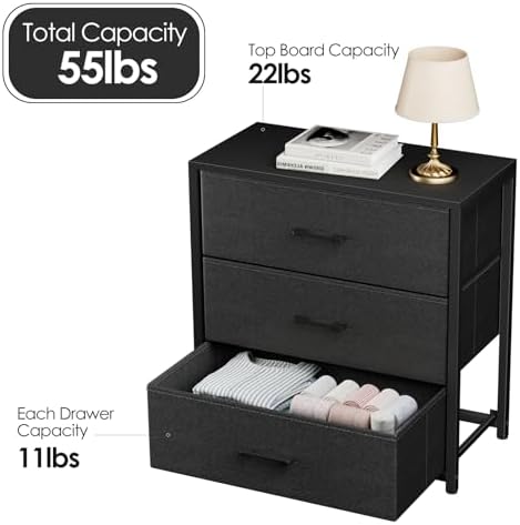 Memobarco Nightstand with 3 Fabric Drawers, Storage Dresser,Black