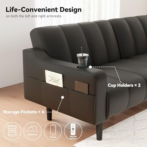 80'' Futon Sofa Bed,Faux Leather Futon Sleeper Sofa, Convertible Love...