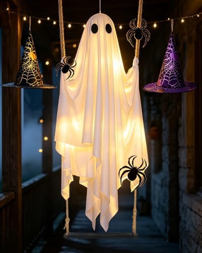 Swinging Ghost with 2PCS Hat & 12PCS Spider Halloween Decoration Outdoor