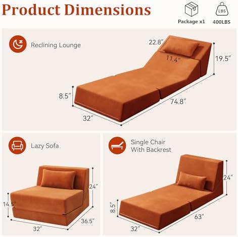 Fold Out Chair Bed, Folding Sofa Bed, 3 in 1 Convertible Sleeper Chair Bed fo...