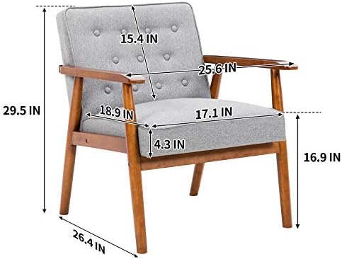 UNICOO – Leisure Chair Solid Wood Armrest Accent Chair, Fabric Upholstered Wo...