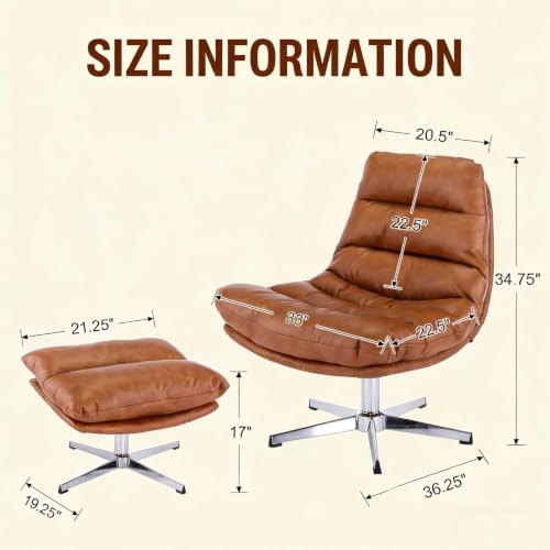 HNY Brown Swivel Lounge Chair with Ottoman Modern PU Leather Accent Chair wit...