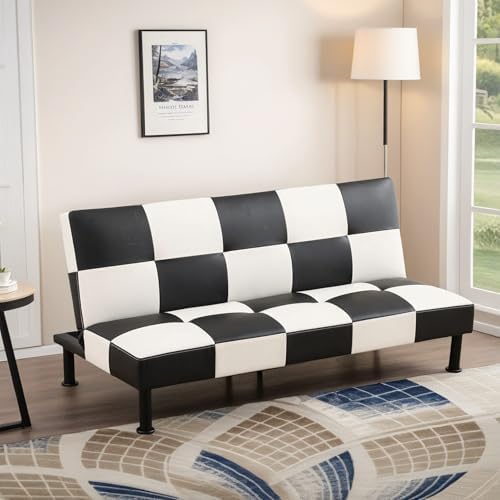 Modern Convertible Futon Sofa Bed, Futon Couch Bed with Love Seat for Small Spaces, Upholstered Folding Small Sleeper Sofa, Couch Adjustable for Living Room Bedroom, Black&White