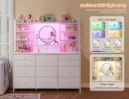 Romorgniz White Dresser for Bedroom with RGB LED Lights, Vanity Organizer