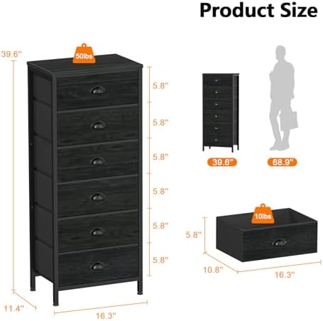 Furnulem Black Dresser for Bedroom, Tall Fabric Chest of Drawers
