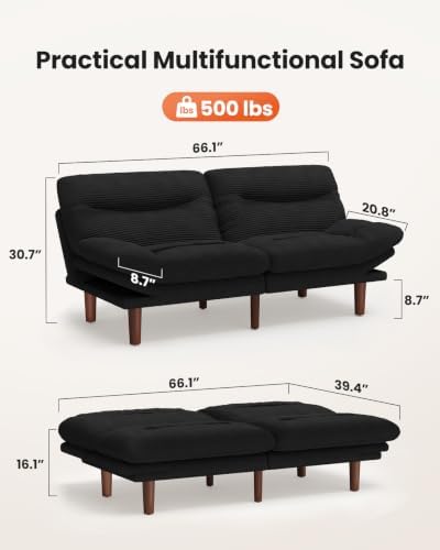 Amada 66 inch Convertible Corduroy Futon Sofa Bed, Black