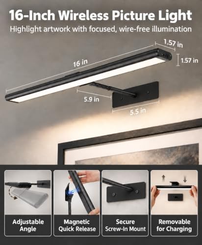 EZVALO Picture Light for Wall, 4800mAh 16'' Rechargeable Wireless IR ...
