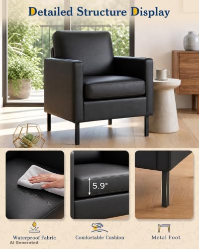 Mid Century Black Leather Mordern Accent Chairs Set of 2 for Living Room